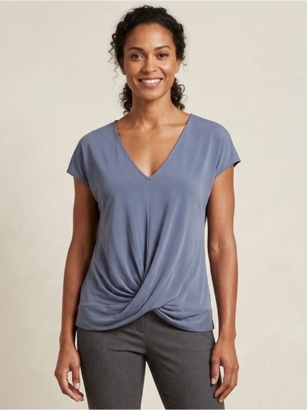 Banana Republic V-Neck Twist Front Top in Sand Washed Dusty Blue